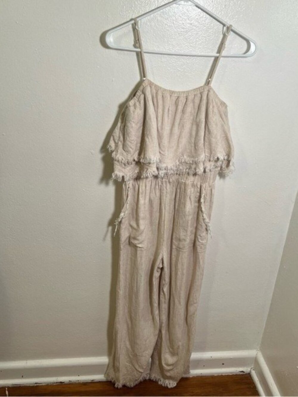 Umgee Women's Size Small Losing My Mind Tiered Jumpsuit Beige Fringe Hem Linen - Picture 4 of 14